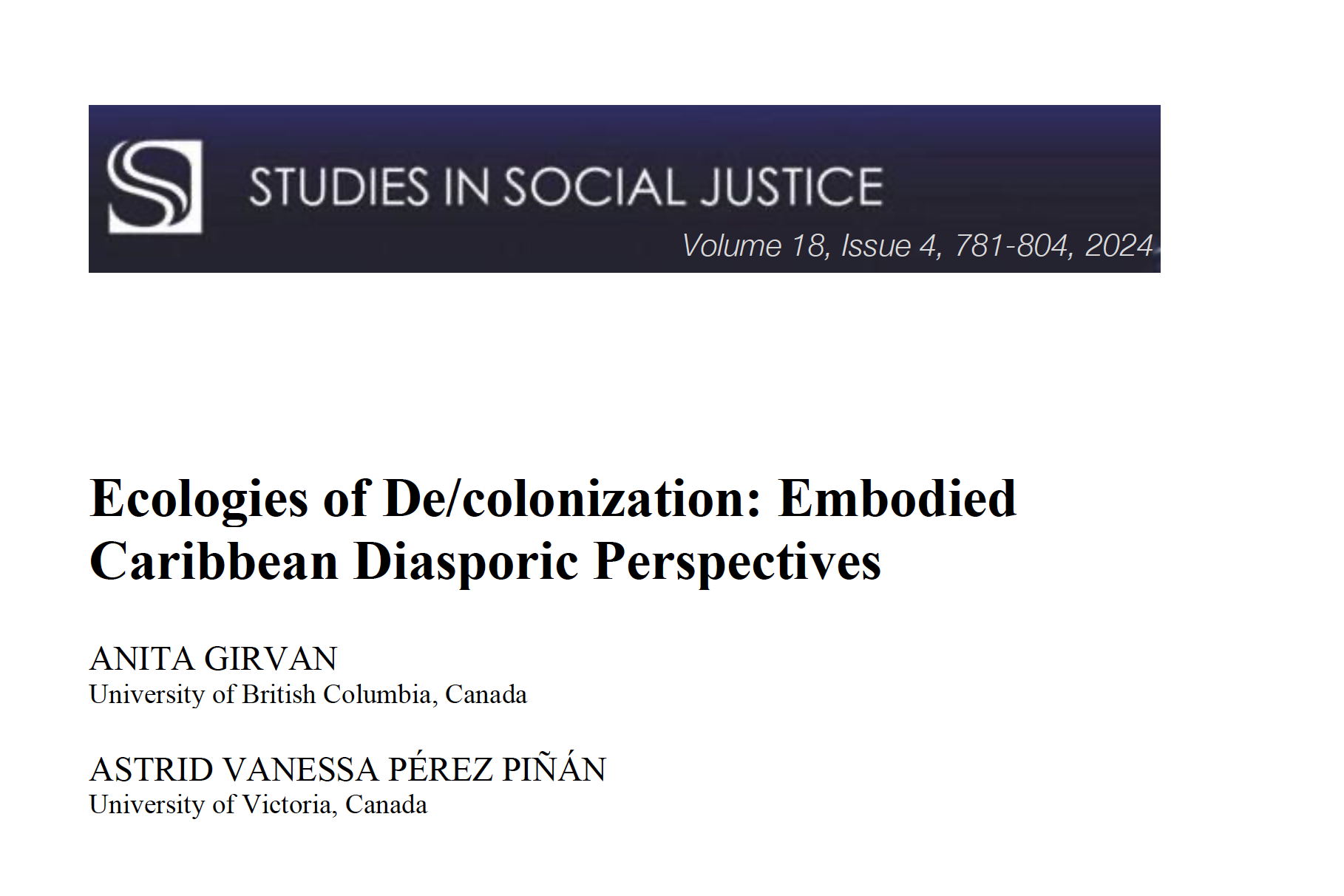 Ecologies of De/colonization: Embodied Caribbean Diasporic Perspectives by Anita Girvan and Astrid Vanessa Pérez Piñán